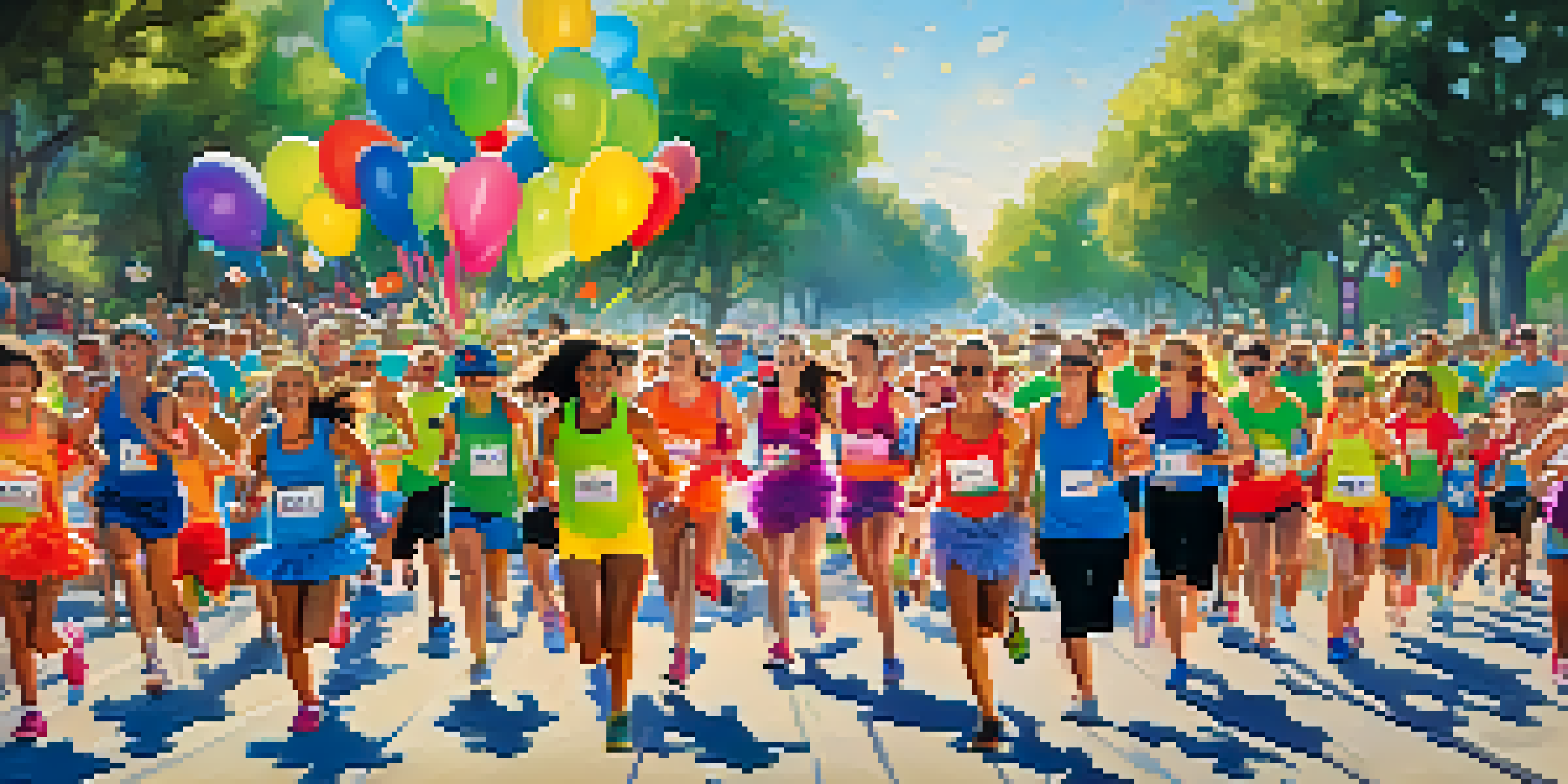A lively scene of families participating in a fun run event, showcasing colorful costumes and a joyful atmosphere in a park setting.