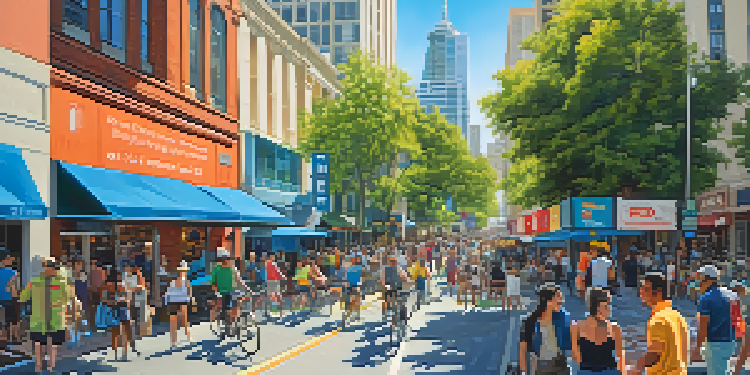 A lively street in San Jose with modern skyscrapers and historical buildings, showcasing diverse people interacting under a clear blue sky.
