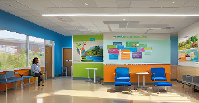 A lively reception area of a community health clinic with diverse patients and staff, filled with light and colorful educational posters.