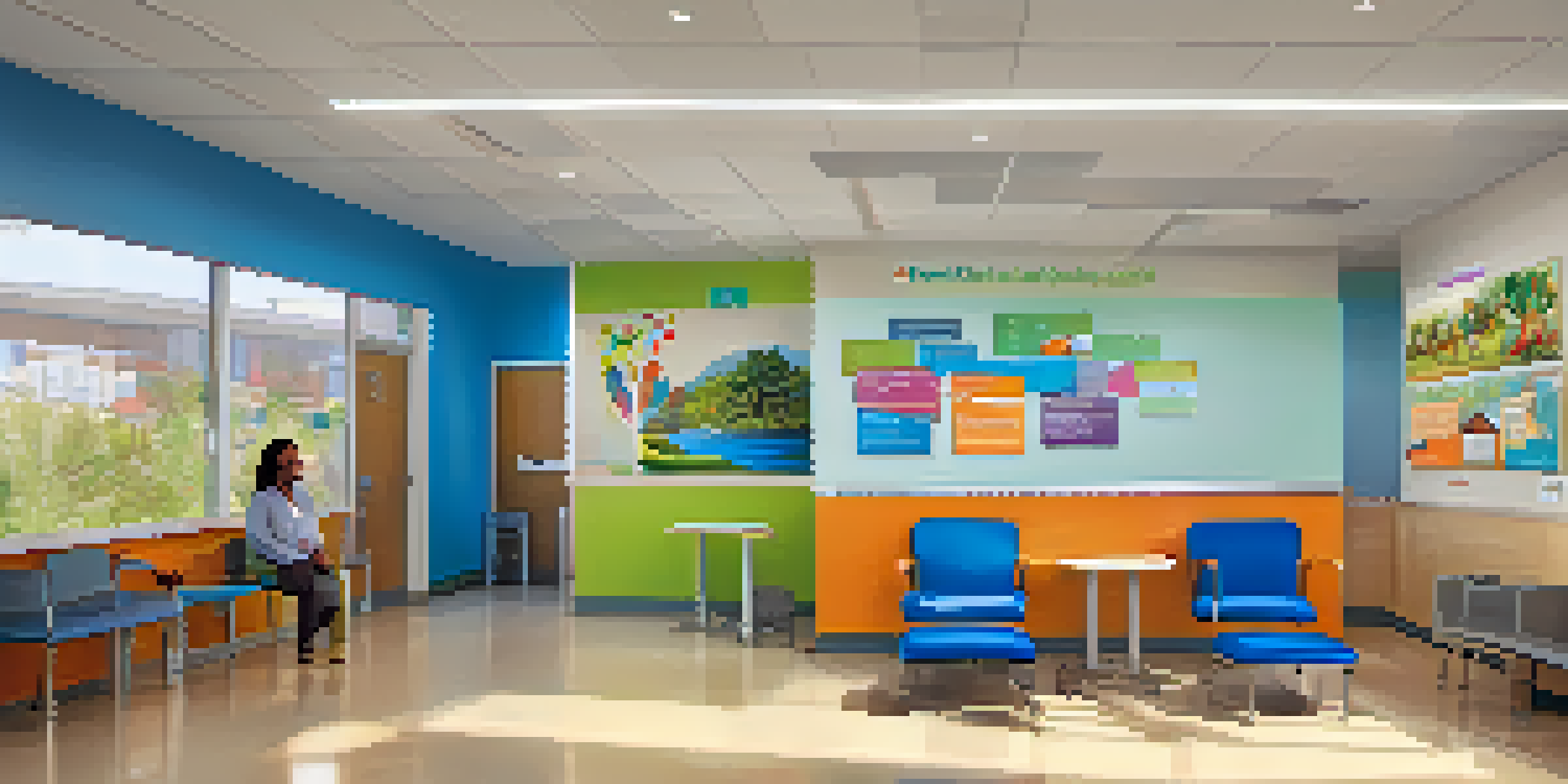 A lively reception area of a community health clinic with diverse patients and staff, filled with light and colorful educational posters.