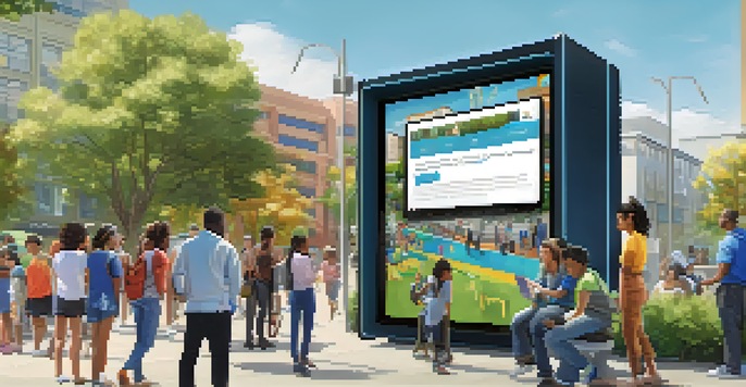 A diverse group of residents in San Jose interacting with a digital kiosk that displays the San Jose 311 app, surrounded by modern buildings and greenery.