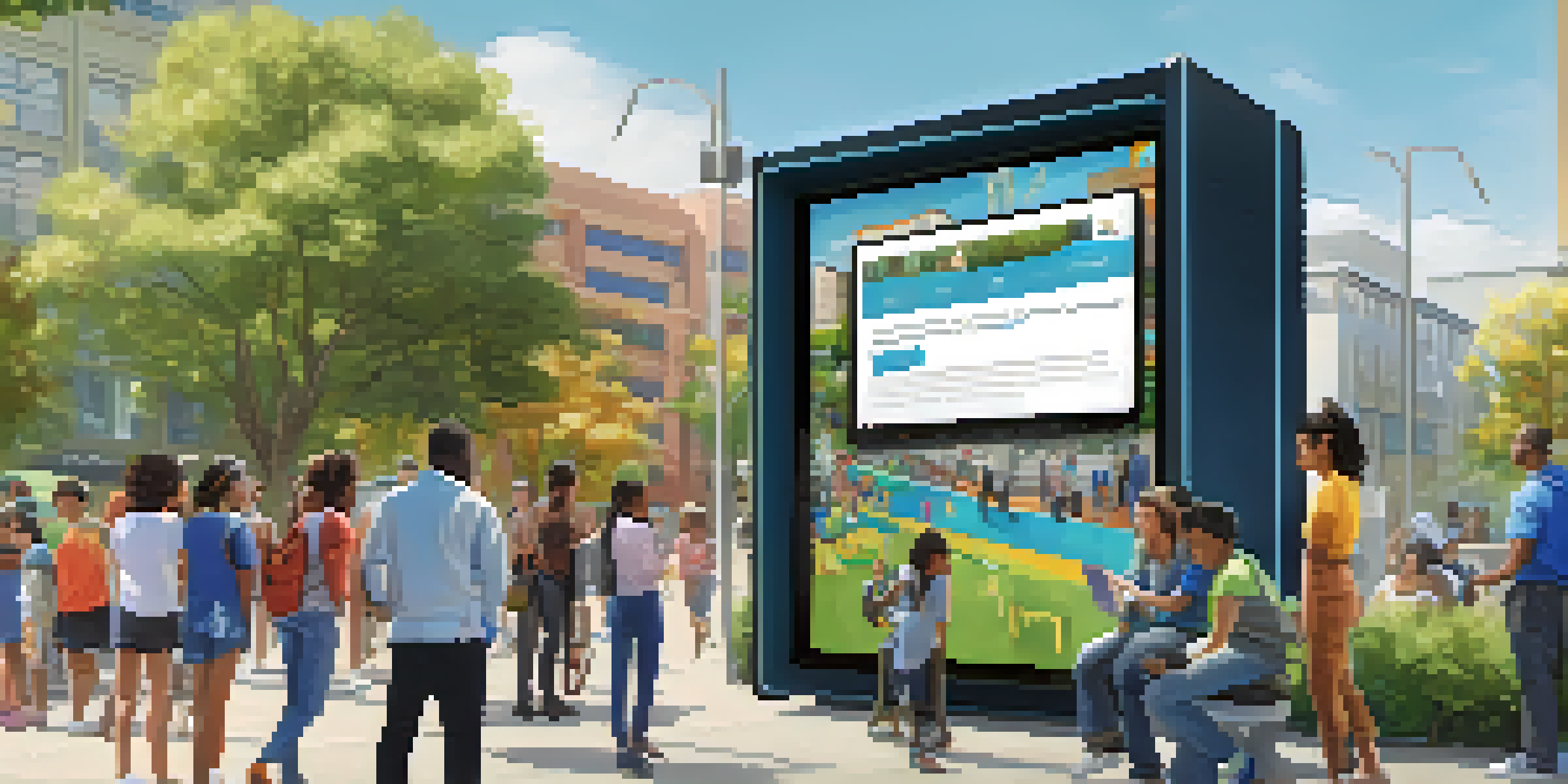 A diverse group of residents in San Jose interacting with a digital kiosk that displays the San Jose 311 app, surrounded by modern buildings and greenery.