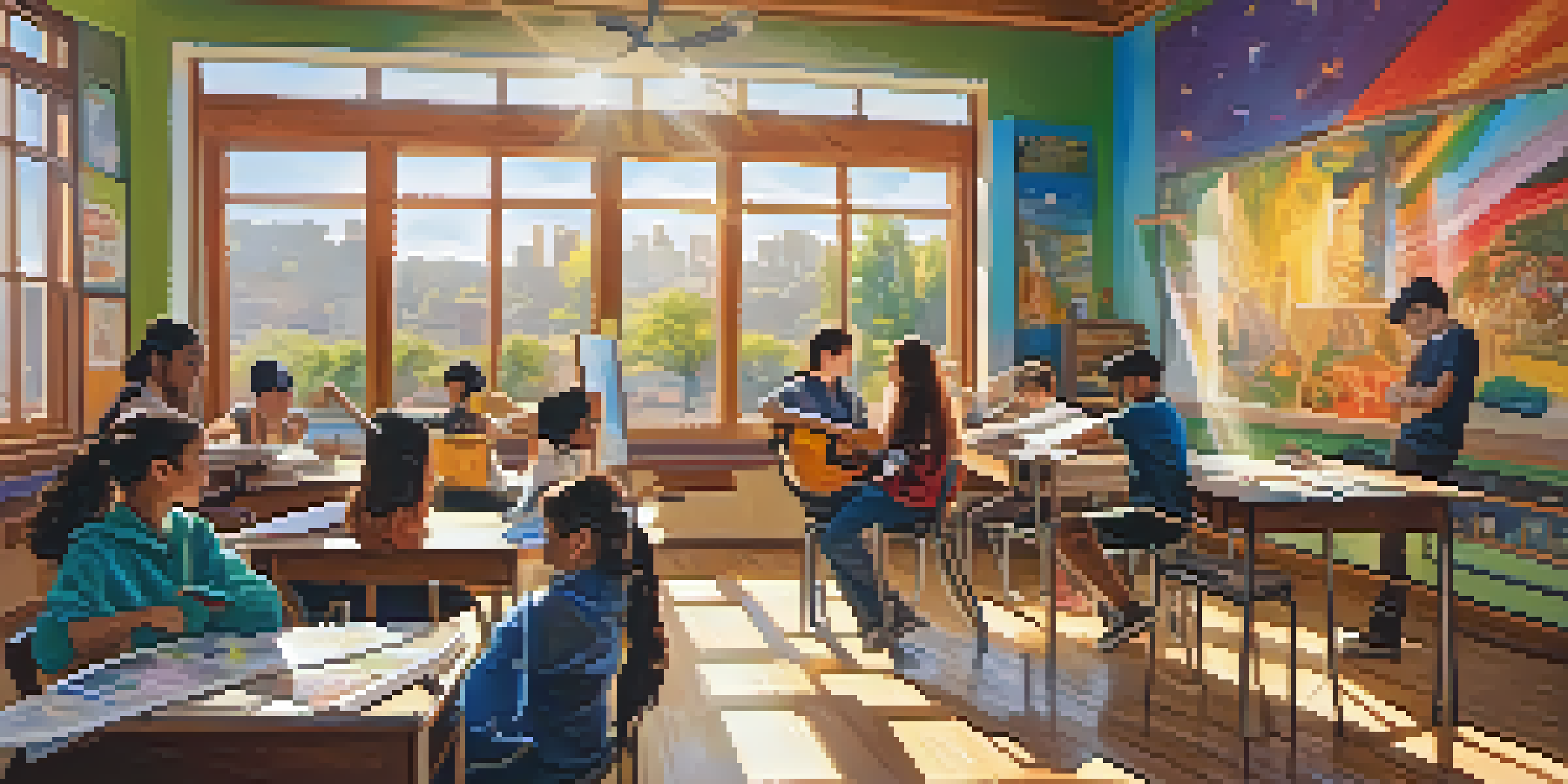 A lively classroom where students participate in different arts activities, including painting and playing music, with sunlight illuminating the colorful walls.