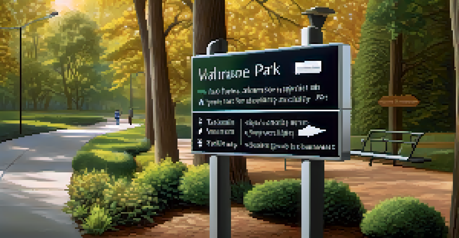 An accessible park sign with large text and Braille, placed beside a pathway, surrounded by trees and shrubs, emphasizing inclusivity in the park.
