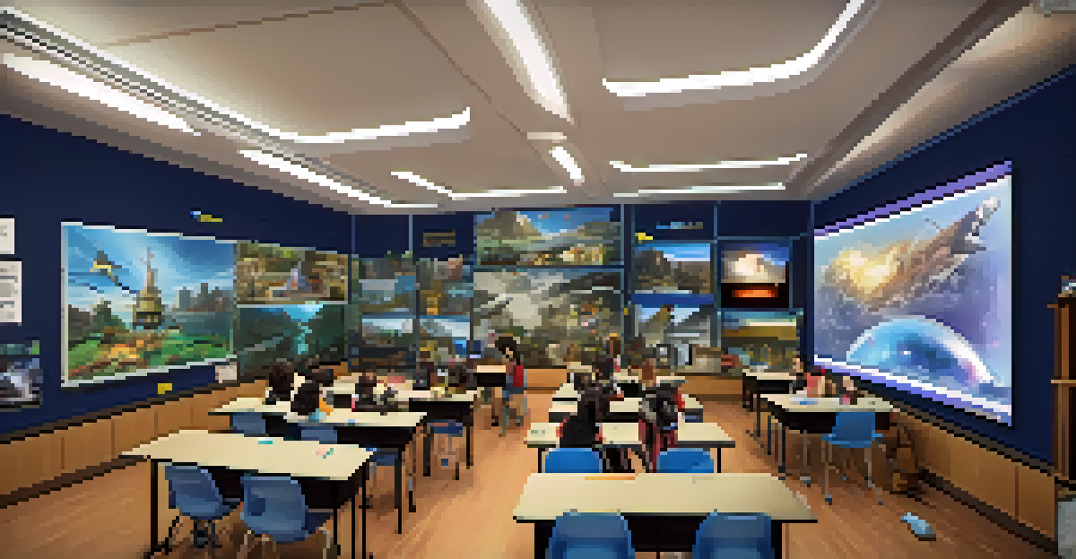 Students in a virtual reality classroom experiencing a virtual field trip, wearing VR headsets and interacting with immersive educational content.