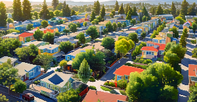 A colorful San Jose neighborhood featuring various affordable housing options amidst green spaces and gardens.