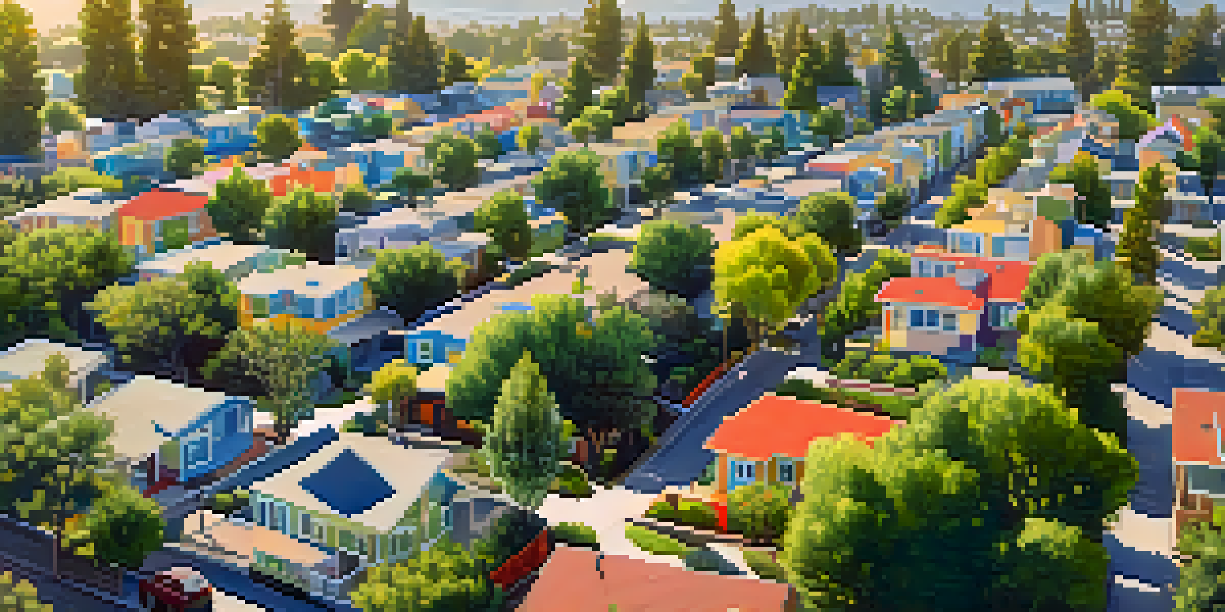 A colorful San Jose neighborhood featuring various affordable housing options amidst green spaces and gardens.