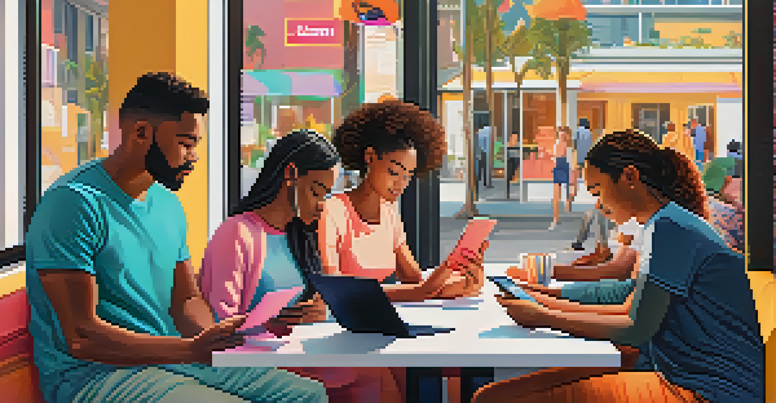 A group of diverse people in a cafe using mental health apps on their devices, showing expressions of focus and relaxation.