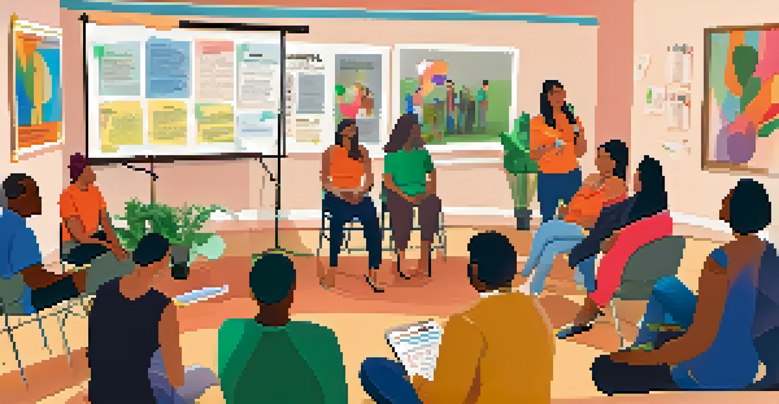 A diverse group of people participating in a community mental health workshop, seated in a circle with a facilitator in a bright room.