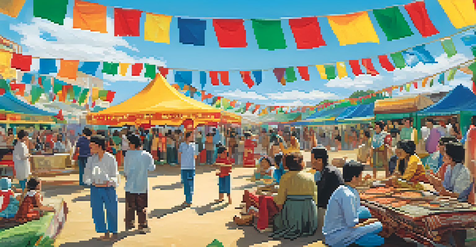 A lively outdoor cultural festival with colorful tents, music performances, and diverse attendees enjoying food and activities.