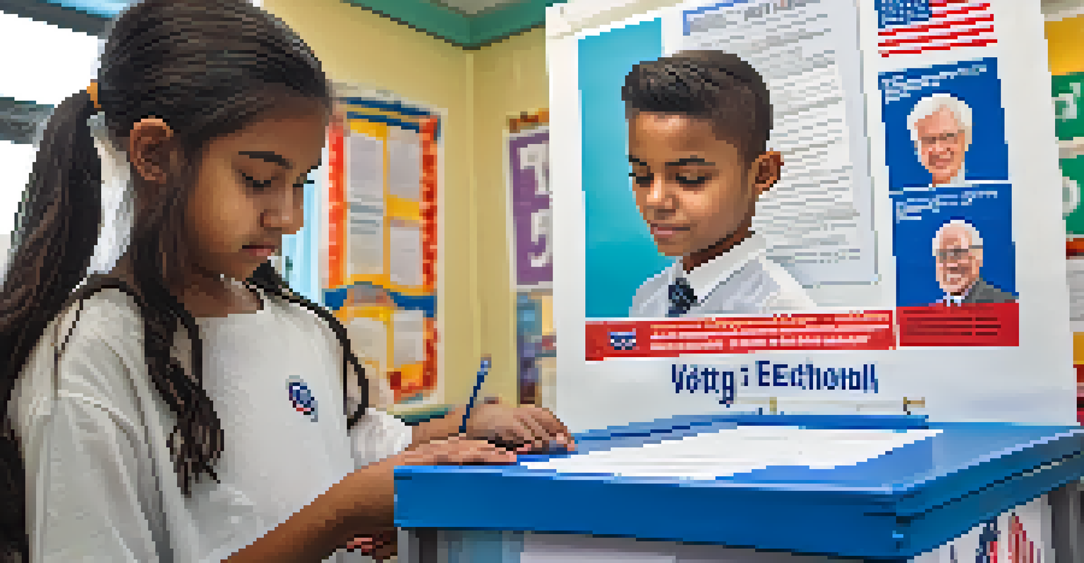 A young student casting their vote in a mock election at school, surrounded by educational voting posters.