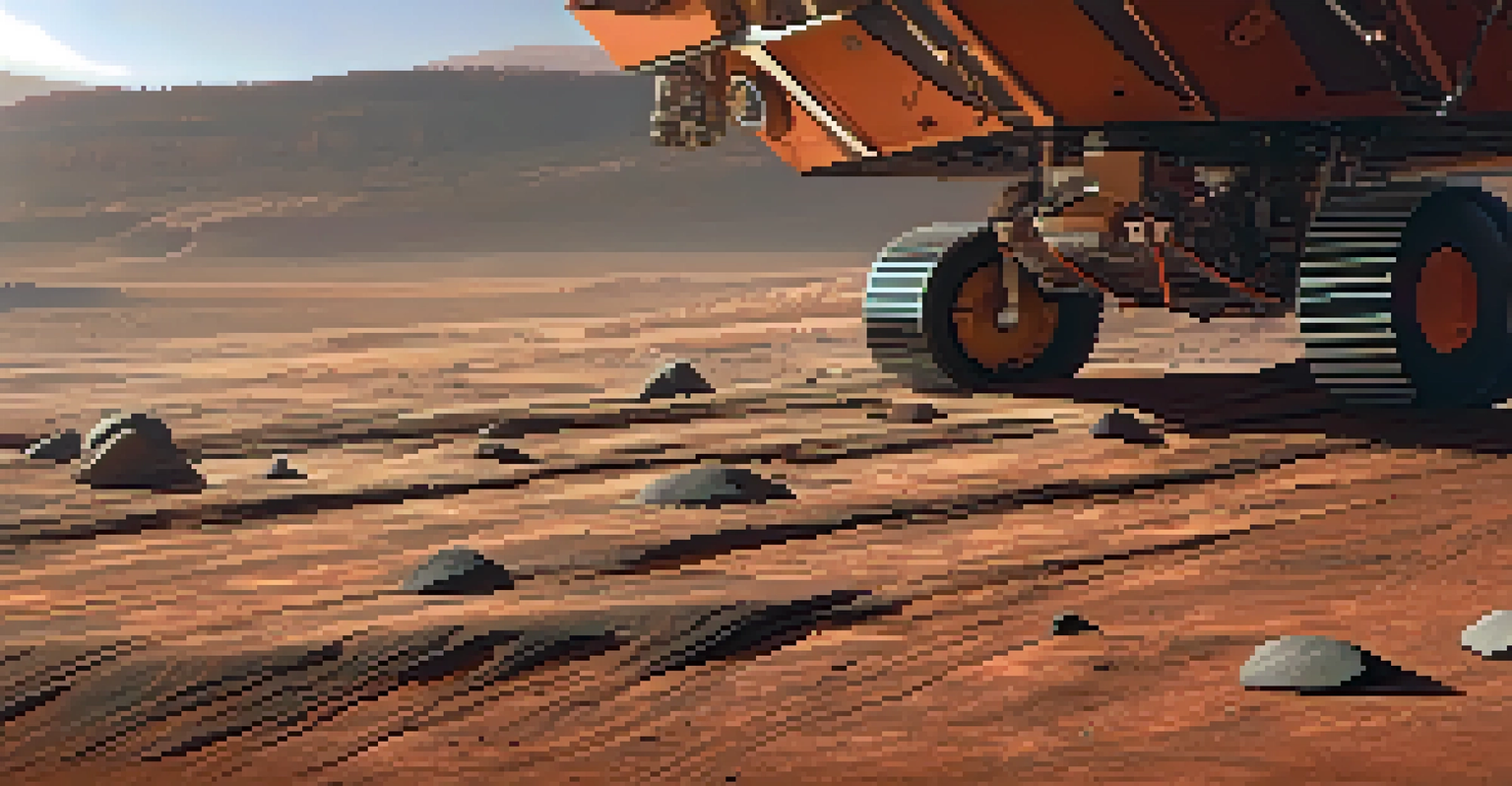 Close-up of a Mars rover's wheel on the Martian surface, highlighting the contrast between the metallic wheel and the reddish soil.