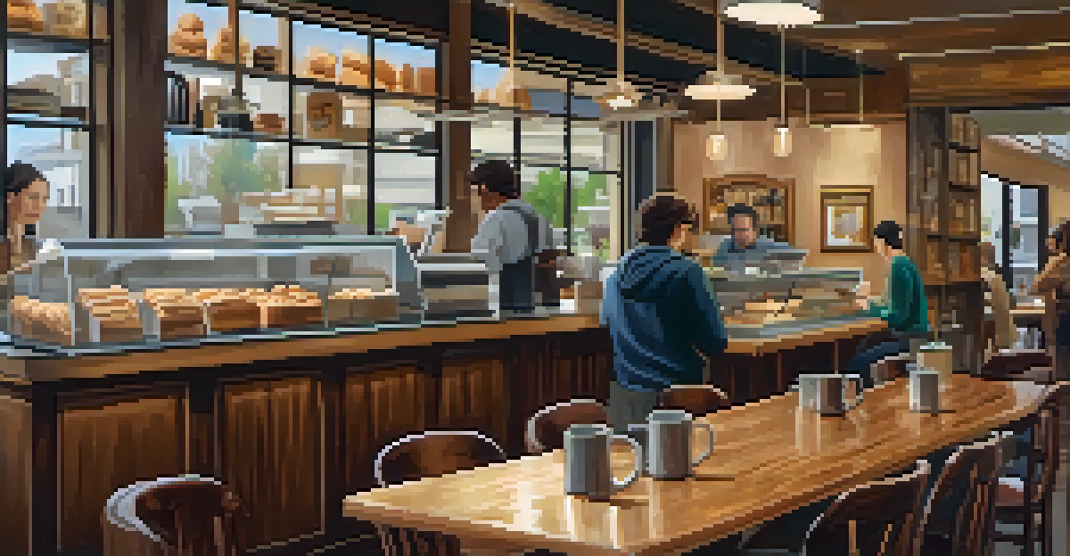 A cozy coffee shop interior with a barista preparing coffee, warm wood tones, and customers enjoying their time.