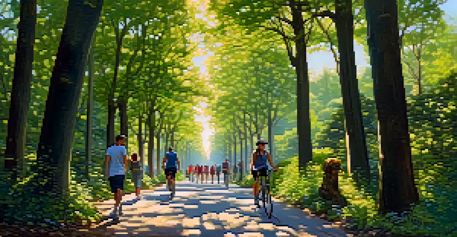 A serene urban forest with tall trees and a winding path where people are engaging in outdoor activities, illuminated by sunlight.