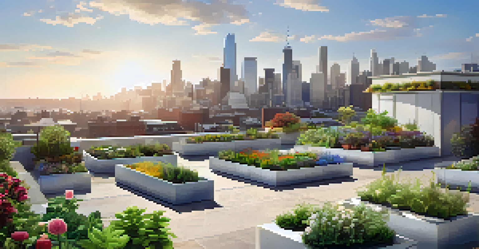 A rooftop garden filled with diverse plants, contrasting with the city skyline in the background under a clear blue sky.