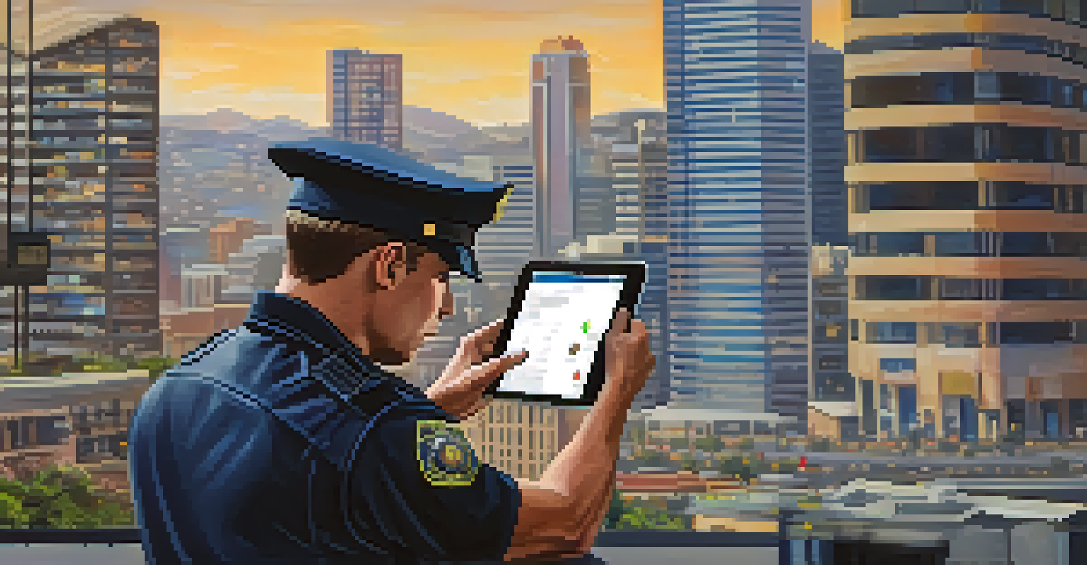 A police officer analyzing crime patterns on a tablet with a cityscape of San Jose in the background.