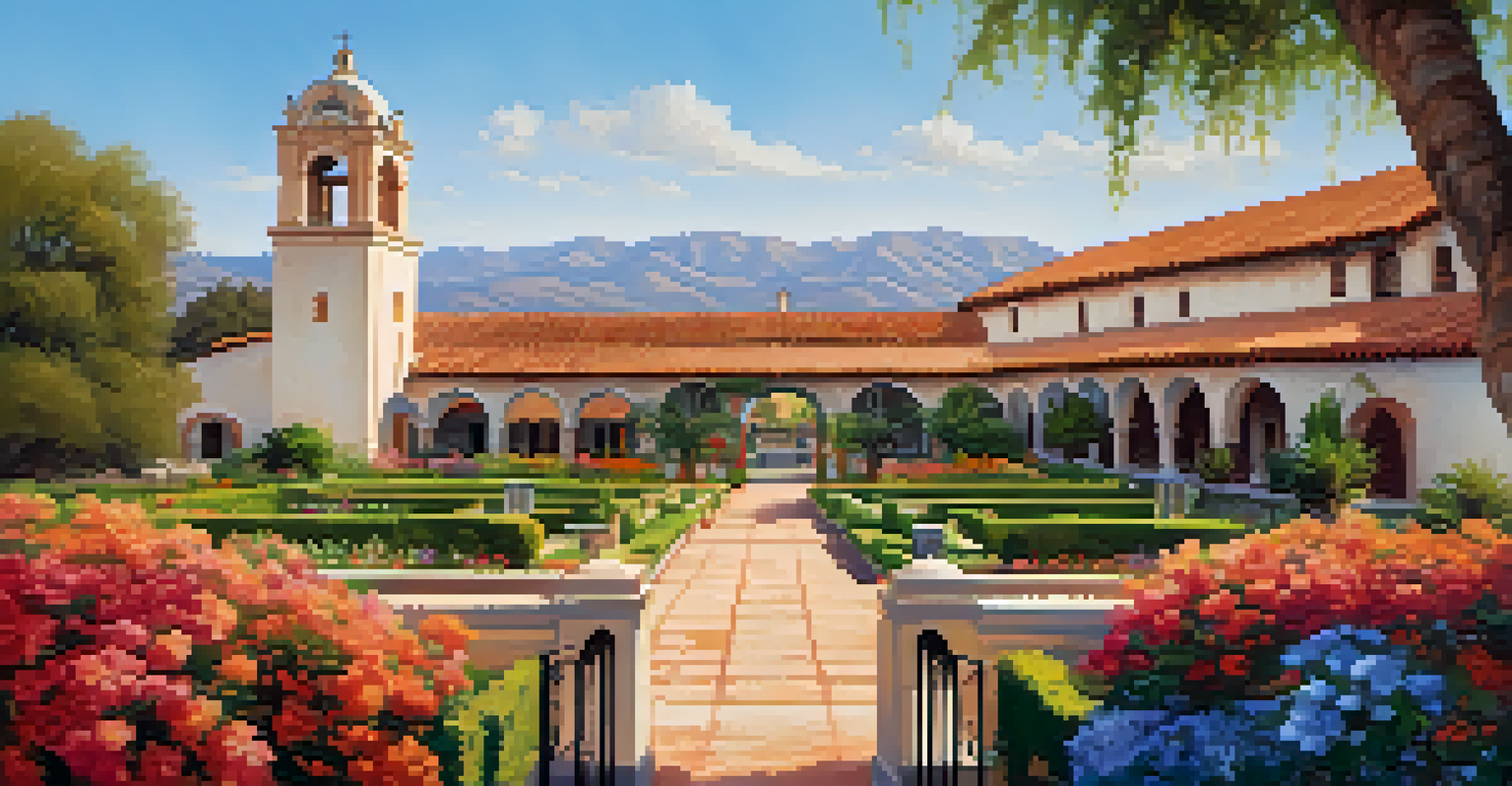 Aerial view of Mission Santa Clara de Asís with blooming gardens and Spanish colonial architecture.