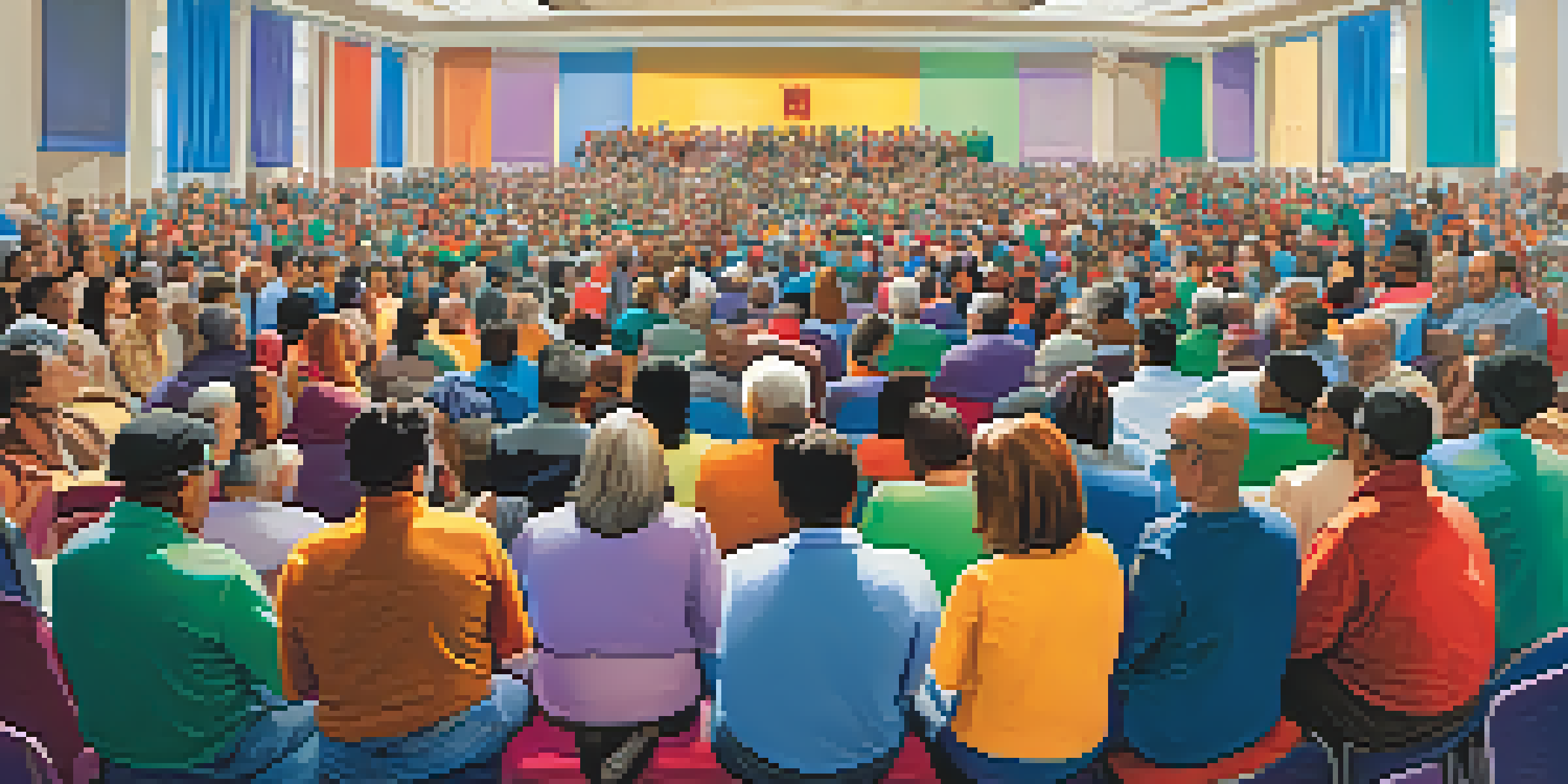 A town hall meeting in San Jose with diverse residents engaged in discussions, colorful banners in the background, and warm lighting.