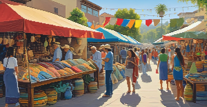 A lively artisan market in San Jose filled with colorful pottery, textiles, and jewelry. People are interacting with artisans under sunlight.