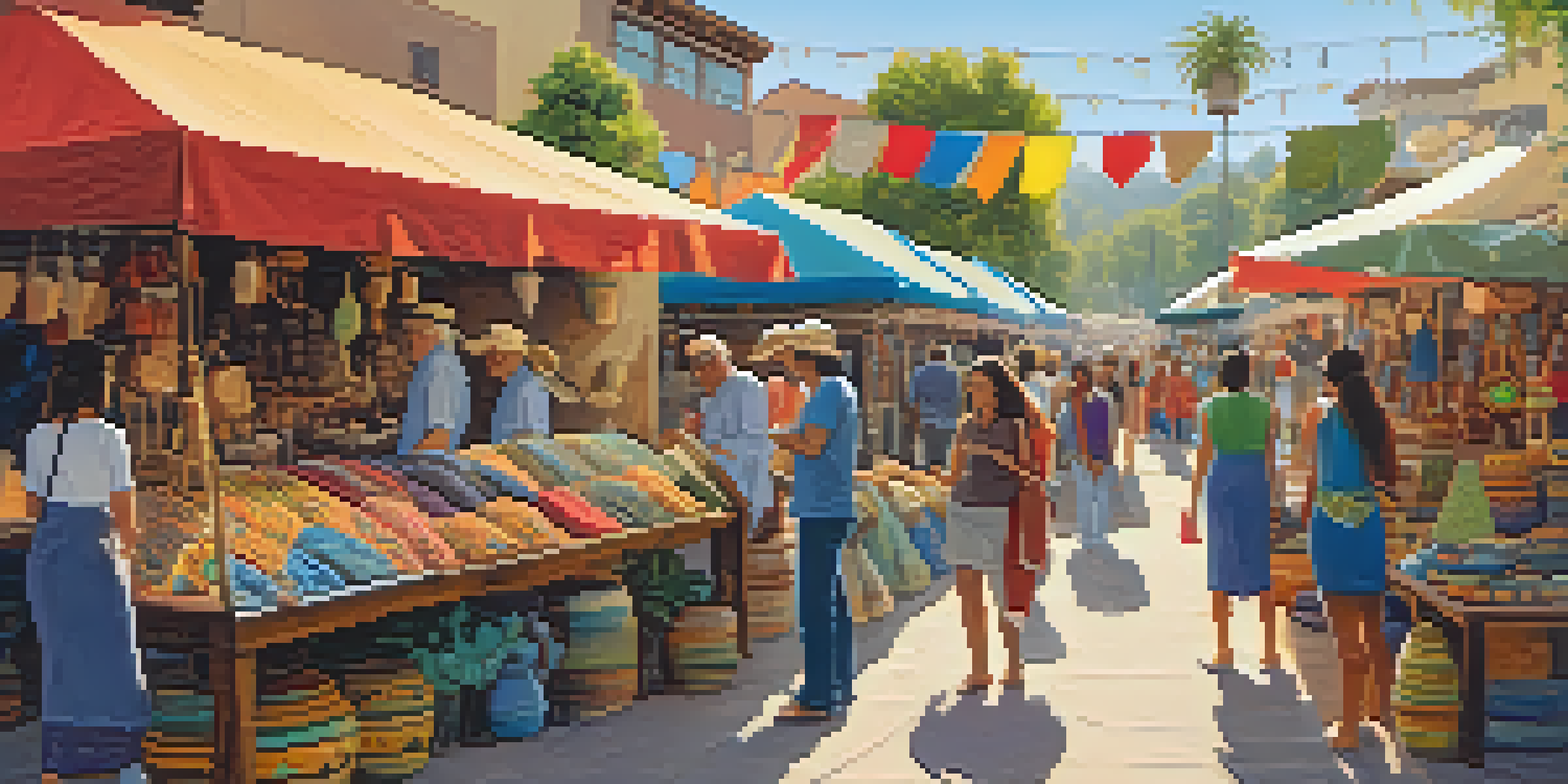 A lively artisan market in San Jose filled with colorful pottery, textiles, and jewelry. People are interacting with artisans under sunlight.