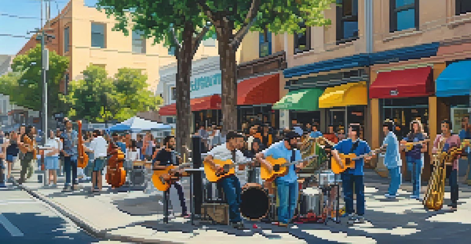 A vibrant street corner in San Jose with local musicians performing a street jam and a captivated audience enjoying the lively atmosphere.