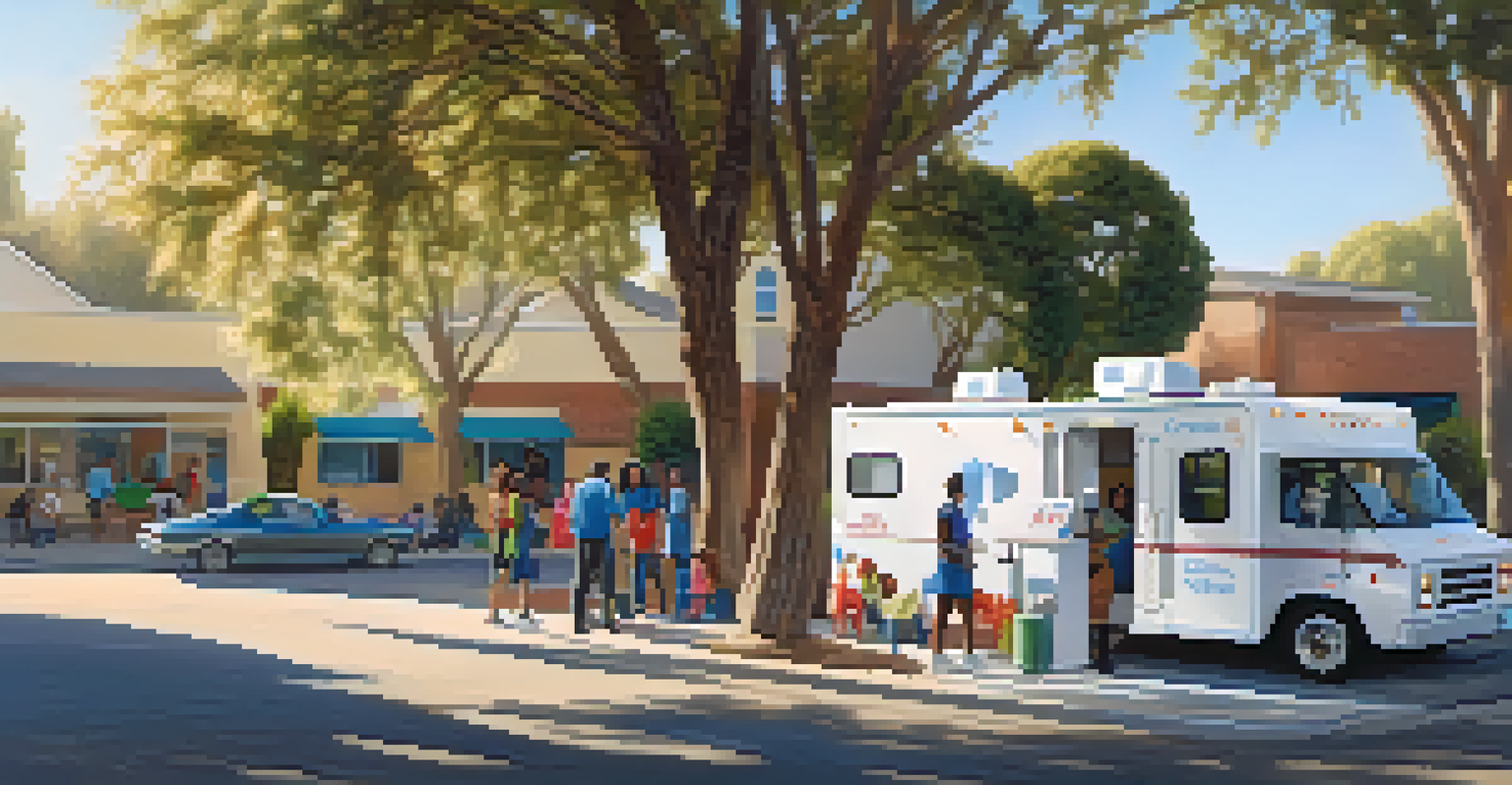 A mobile health clinic in a neighborhood, with staff providing health services to community members under a sunny sky.