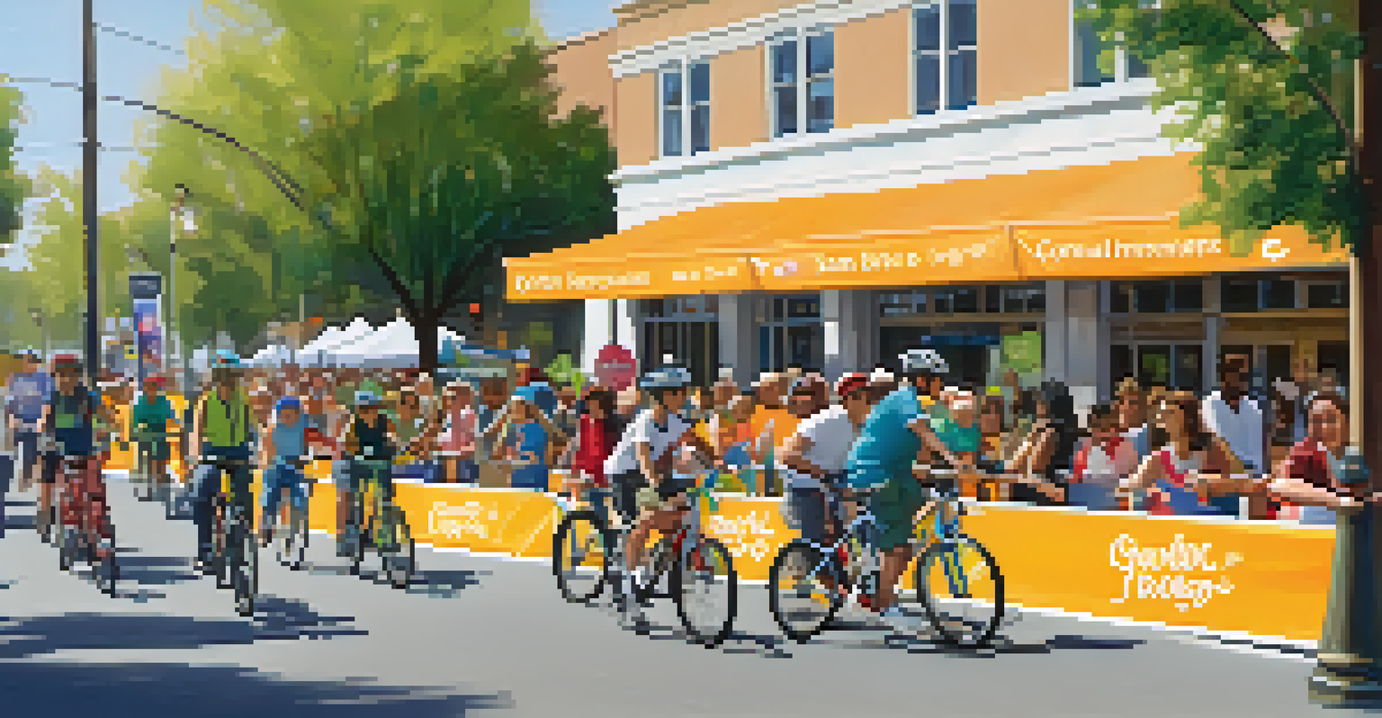 A community event in San Jose with people trying out bicycles, colorful banners, and a festive atmosphere promoting cycling.