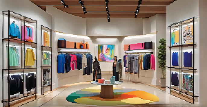 A local boutique in San Jose featuring augmented reality displays and a customer trying on clothes in a virtual fitting room.