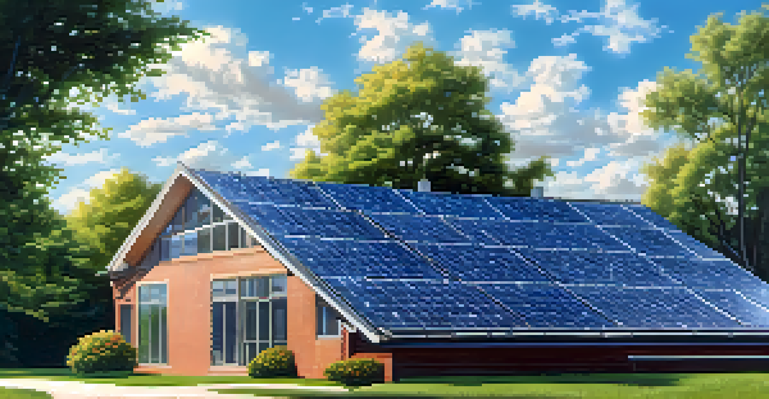 Close-up of solar panels on a municipal building with a clear sky and green surroundings.