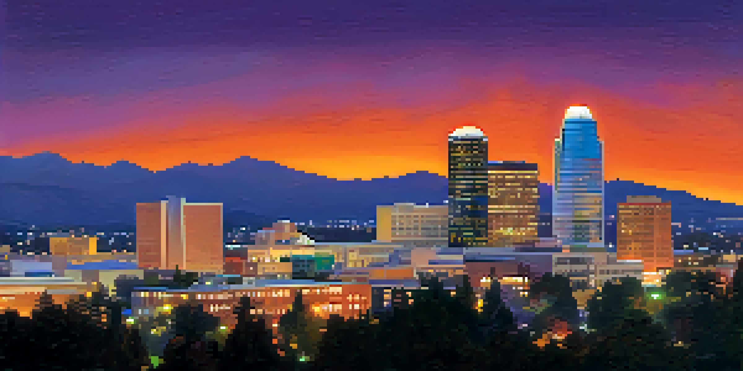 A colorful city skyline of San Jose at sunset with illuminated skyscrapers and the silhouette of San Jose State University in the foreground.