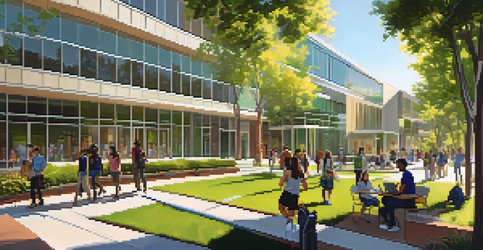 A lively university campus with students collaborating on research, surrounded by modern buildings and greenery.