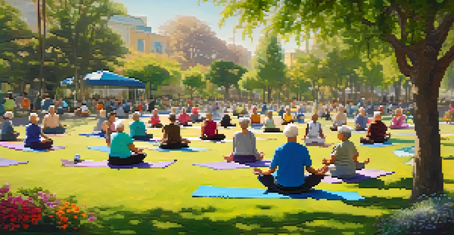 Elderly individuals practicing yoga in a sunny park surrounded by greenery and flowers.