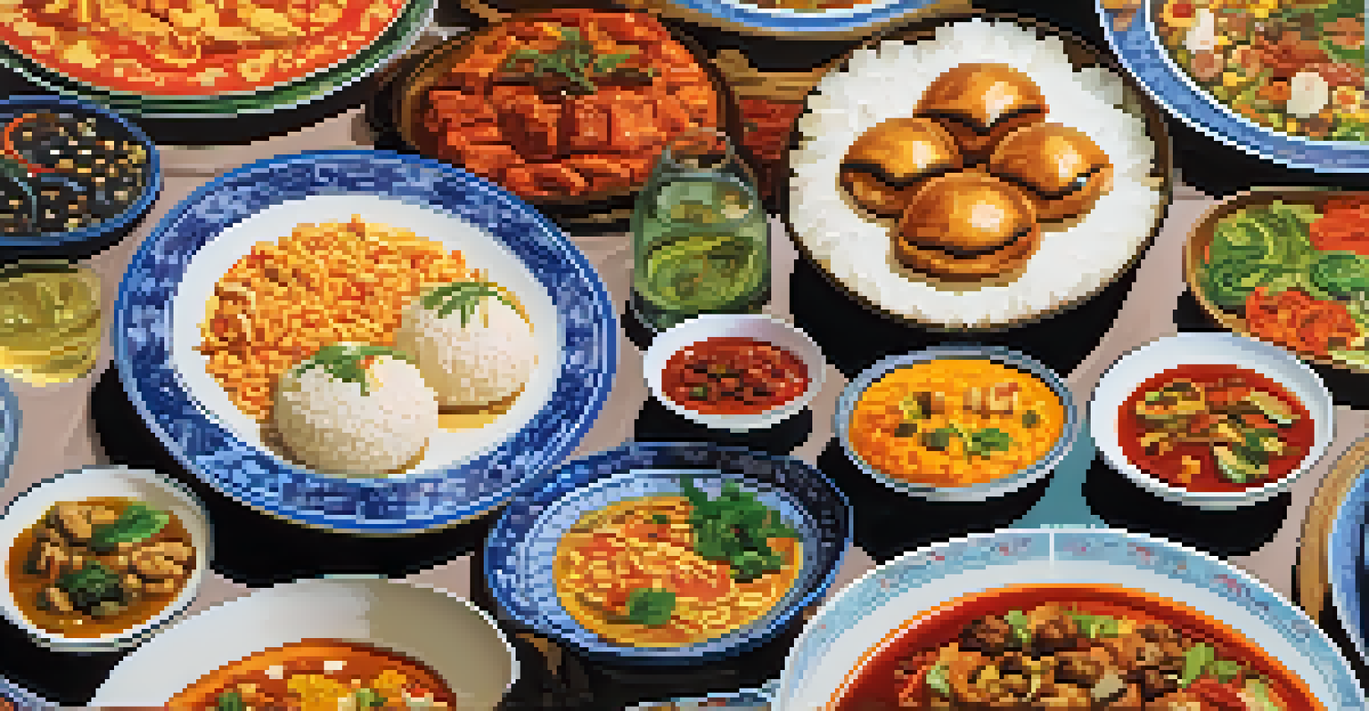 A table filled with beautifully presented traditional dishes from different cultures, showcasing vibrant colors and intricate garnishes.