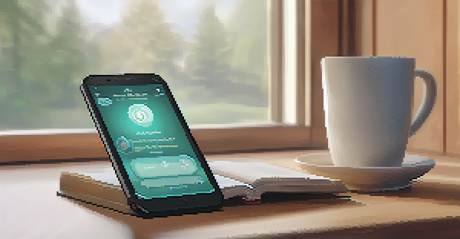 A smartphone showing a mental health app interface with calming visuals, surrounded by a cozy home setting.