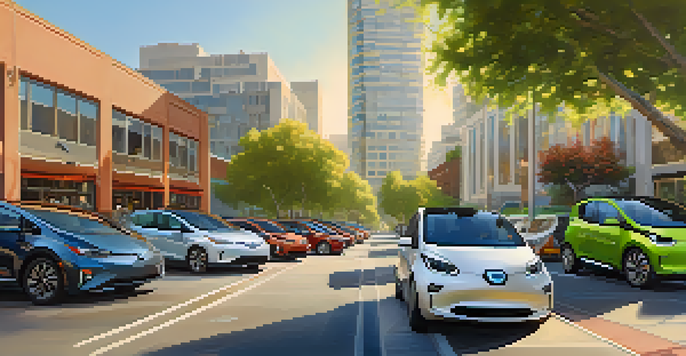 A busy street in San Jose with various electric vehicles parked, charging stations, and people walking, all under warm sunlight.
