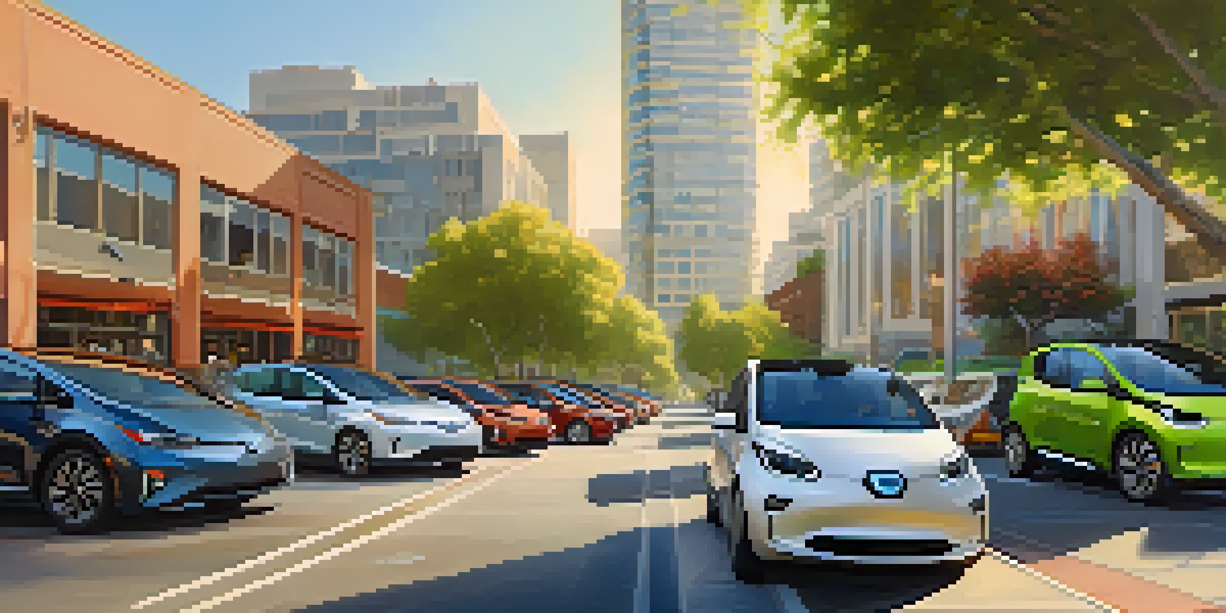 A busy street in San Jose with various electric vehicles parked, charging stations, and people walking, all under warm sunlight.