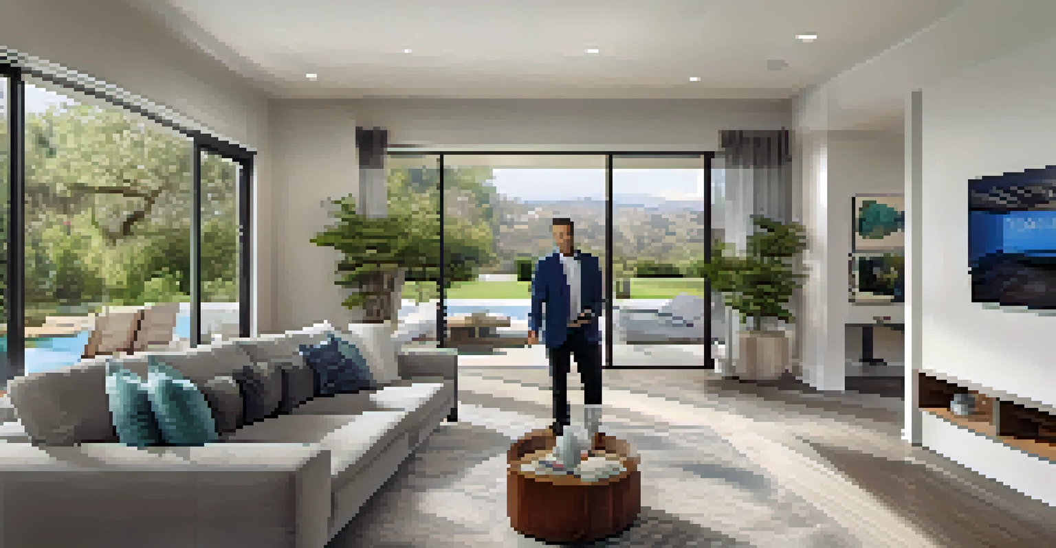 A real estate agent conducting a virtual home tour using a tablet in a modern, stylish living room.