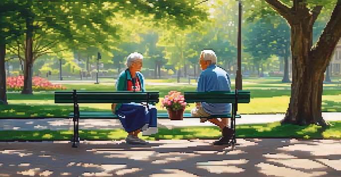 A volunteer and an elderly woman sitting on a park bench, enjoying a conversation surrounded by flowers and trees.