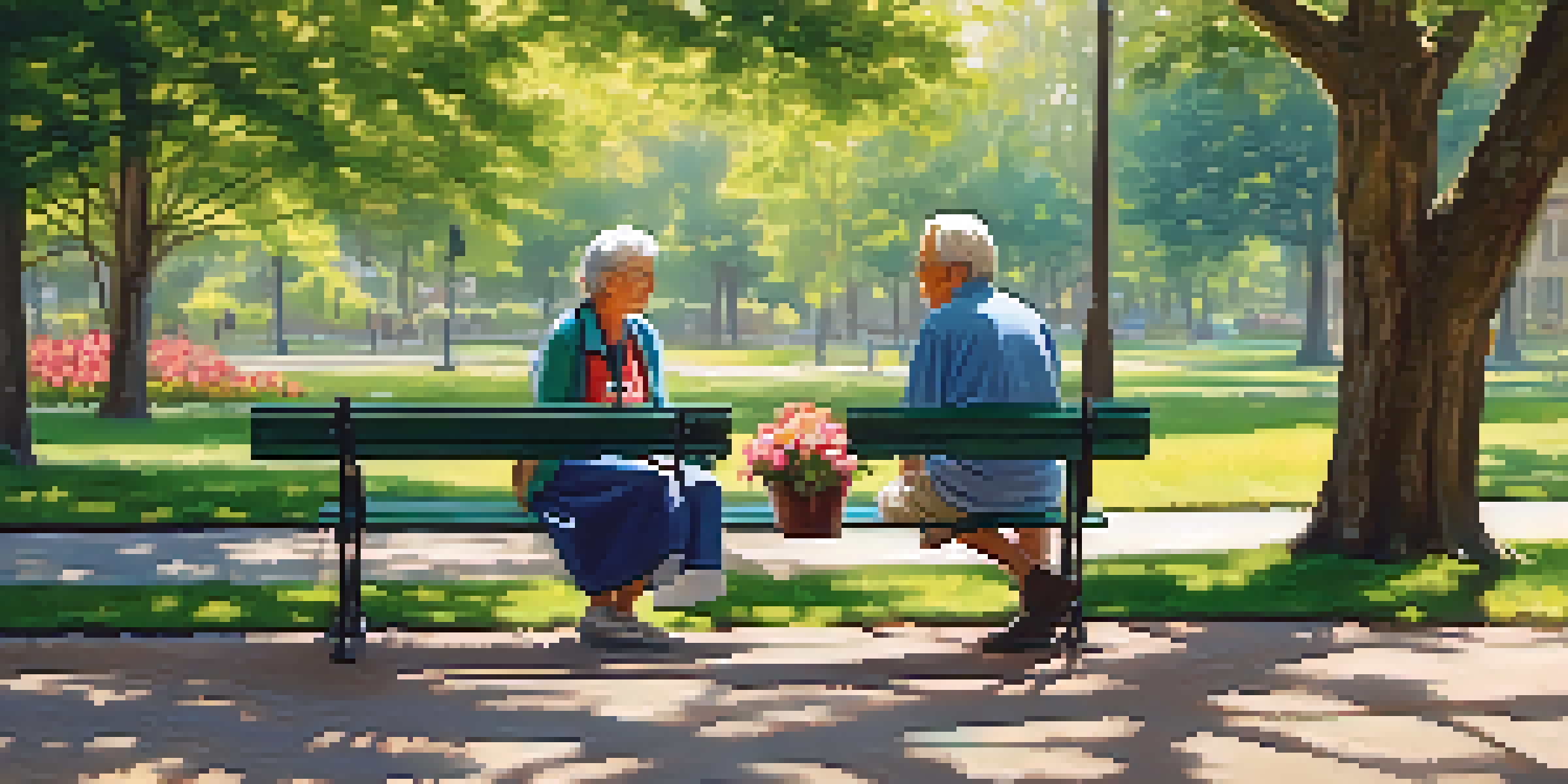 A volunteer and an elderly woman sitting on a park bench, enjoying a conversation surrounded by flowers and trees.