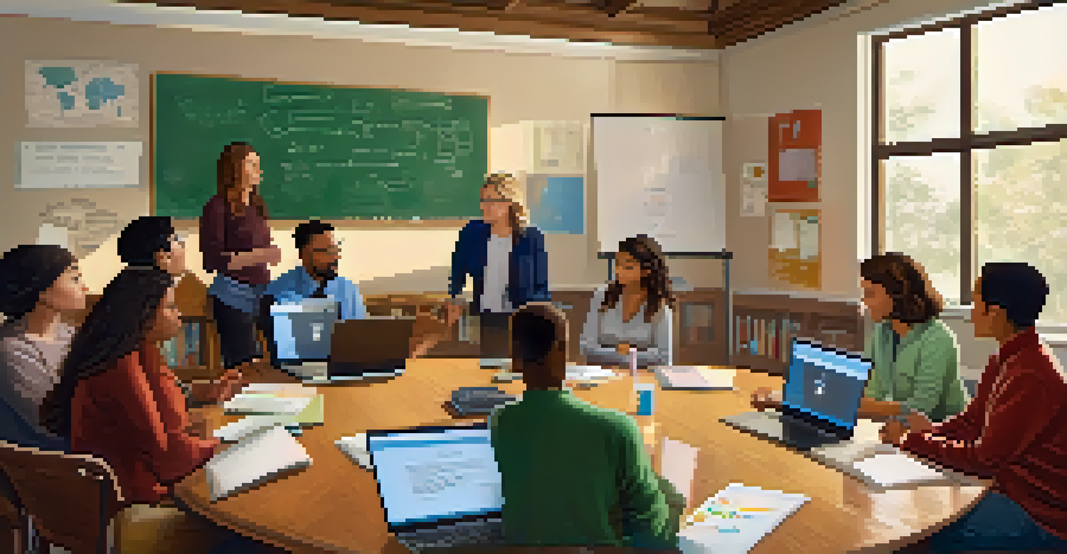 Teachers collaborating around a table with laptops and a whiteboard in a cozy room, discussing technology in education.