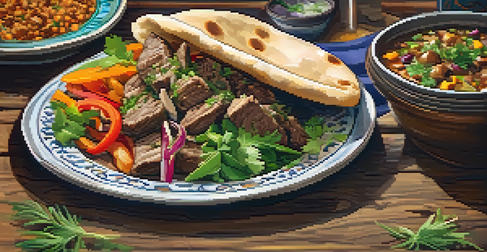 A plate of lamb shawarma with pita bread and garnishes, set in a warm and inviting restaurant atmosphere.