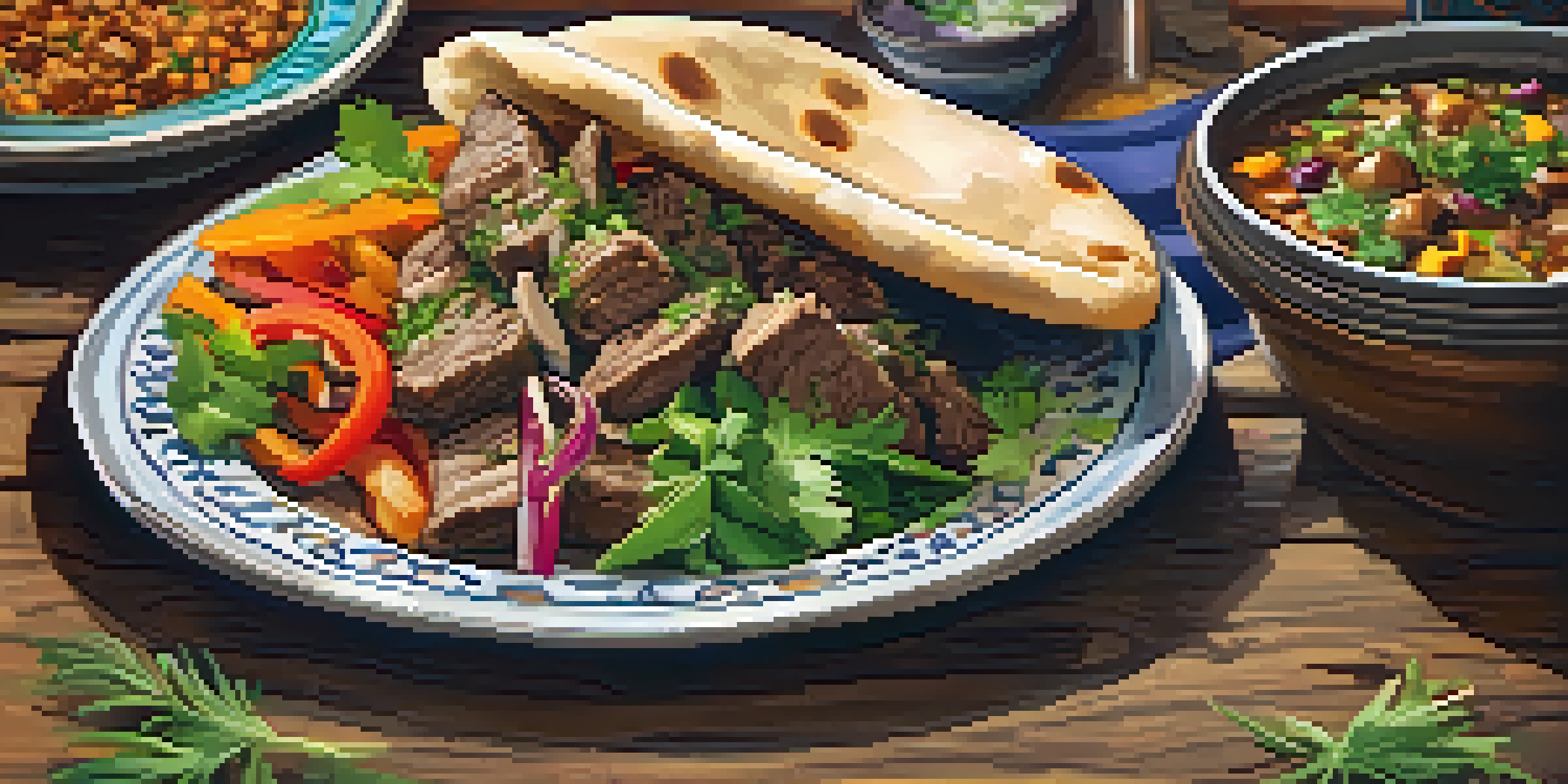 A plate of lamb shawarma with pita bread and garnishes, set in a warm and inviting restaurant atmosphere.