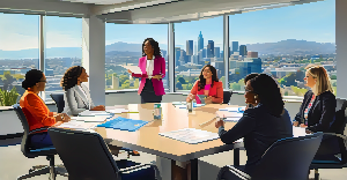 A diverse group of women leaders in a conference room discussing ideas, with a view of San Jose's skyline in the background.