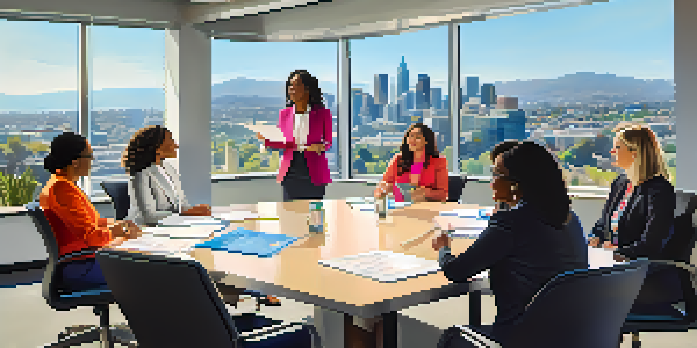 A diverse group of women leaders in a conference room discussing ideas, with a view of San Jose's skyline in the background.