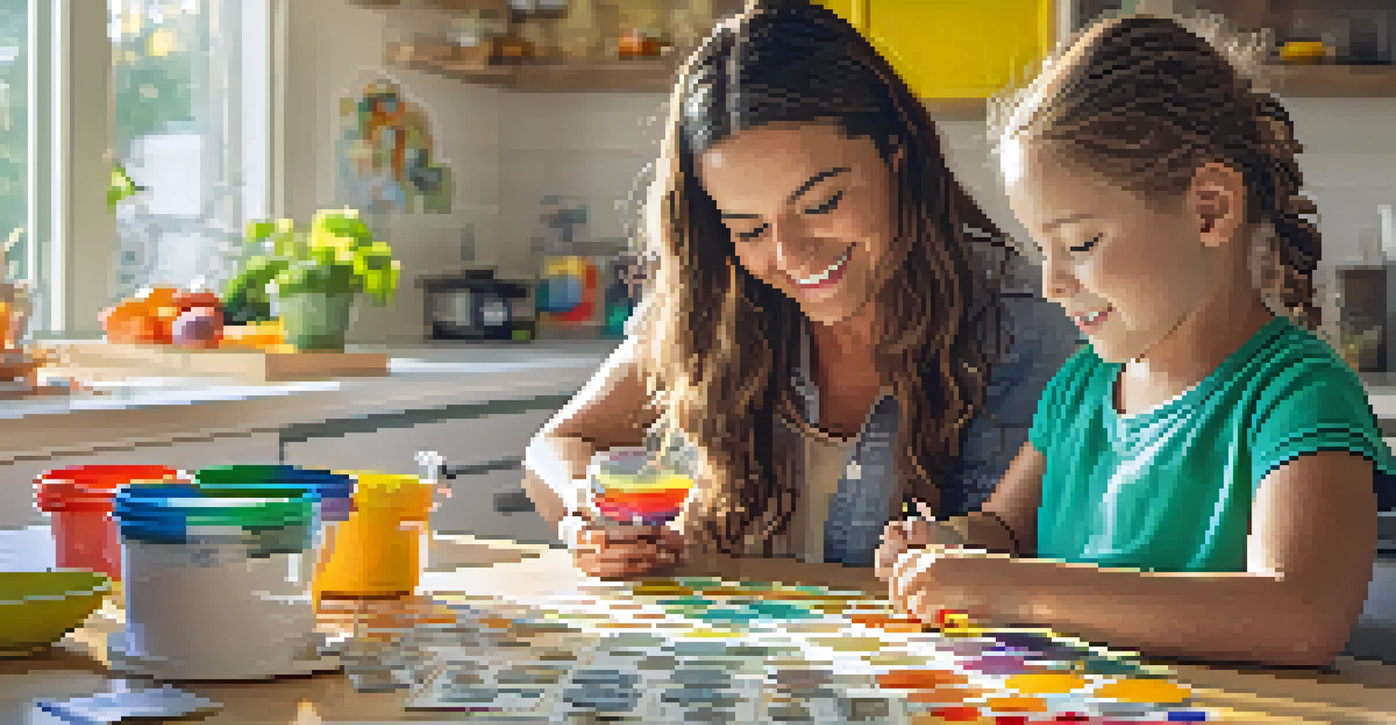 A child and parent engaging in a money management lesson at a kitchen table filled with educational materials.