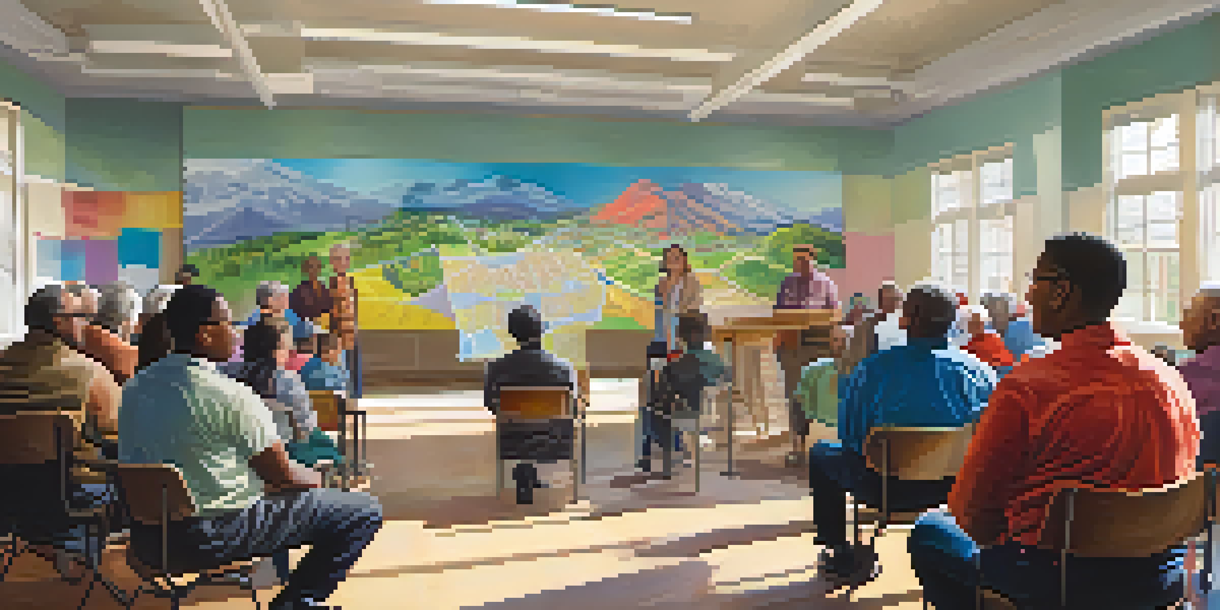 A diverse group of residents participating in a lively town hall meeting, with a community map on the wall and colorful banners around them.