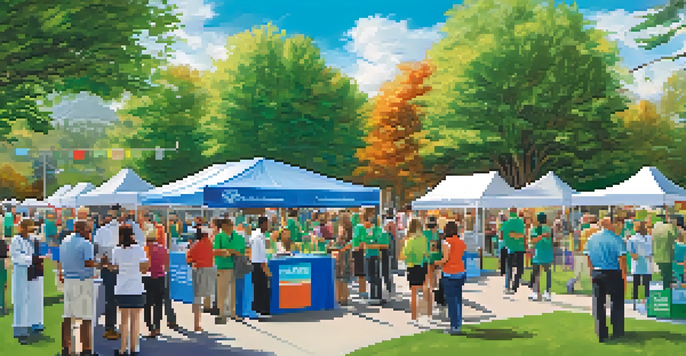 A lively outdoor community health fair with colorful booths and smiling healthcare professionals interacting with attendees amidst green trees and a blue sky.