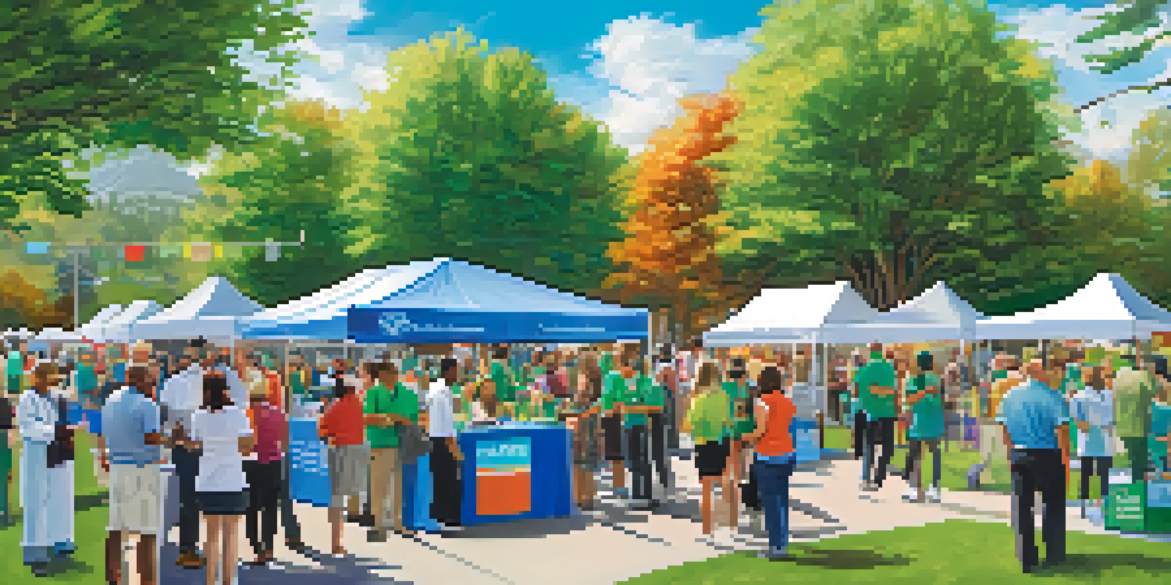 A lively outdoor community health fair with colorful booths and smiling healthcare professionals interacting with attendees amidst green trees and a blue sky.