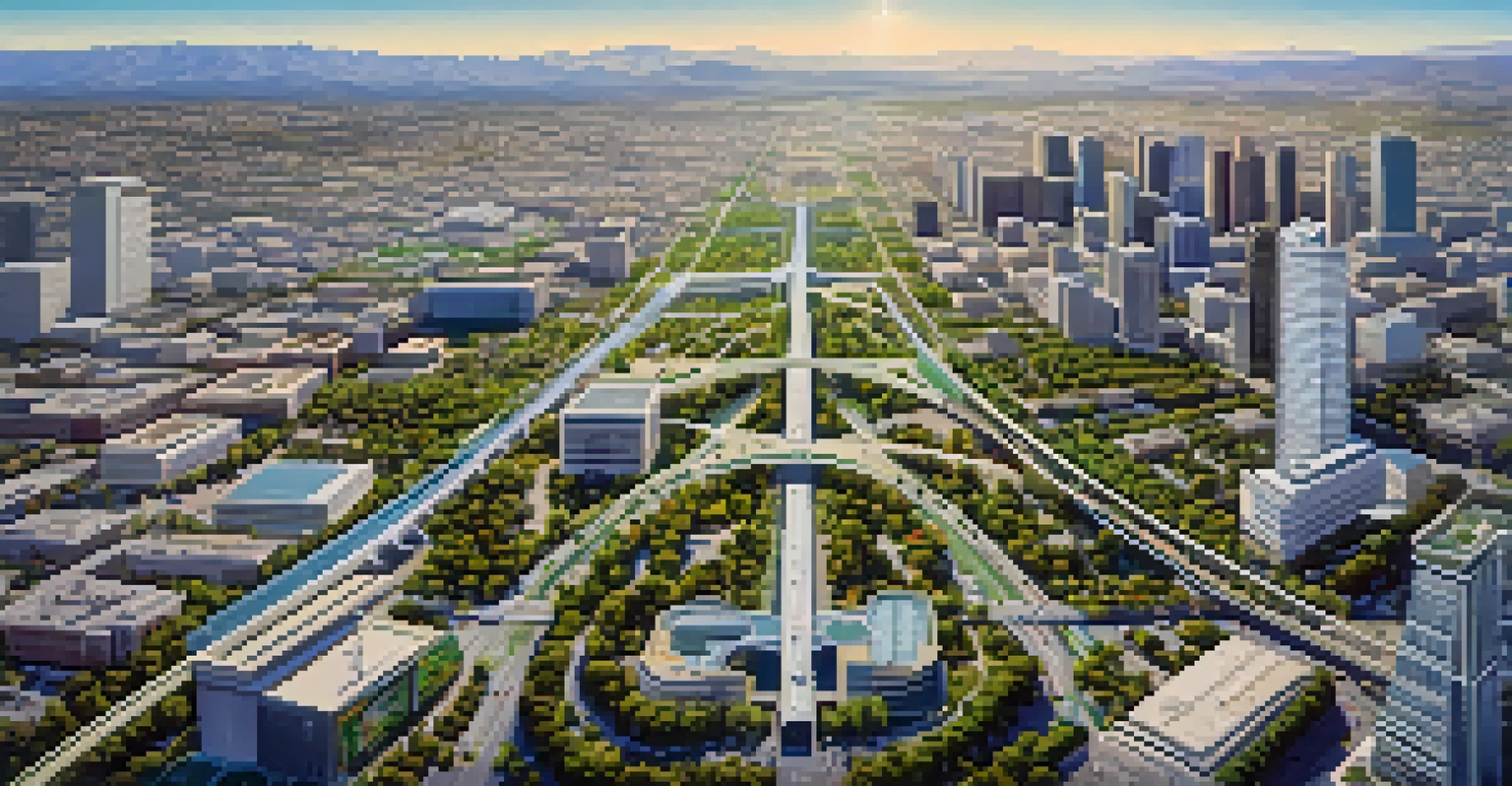 An aerial view of San Jose with highways, public transit, modern buildings, and green parks under a blue sky.