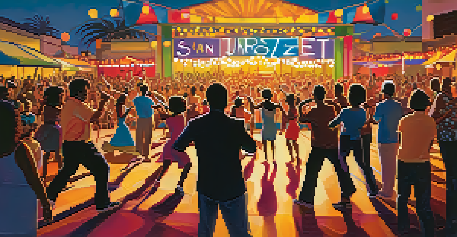 A vibrant jazz festival scene with musicians performing on stage and an excited crowd dancing in the foreground.